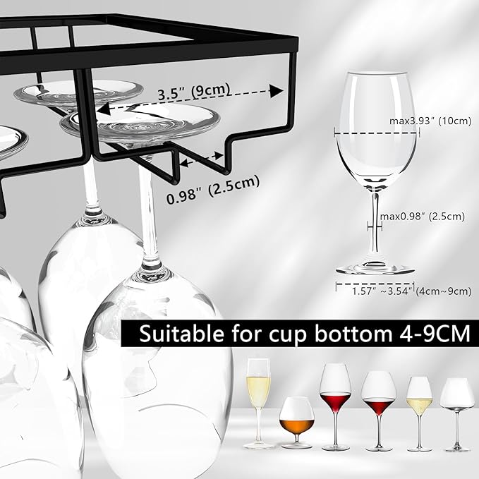 8-Row Wine Glass Rack Under Cabinet, 31 inch Stemware Hanger under Shelf, Large Capacity Glasses Storage for Bars and Kitchen Counters