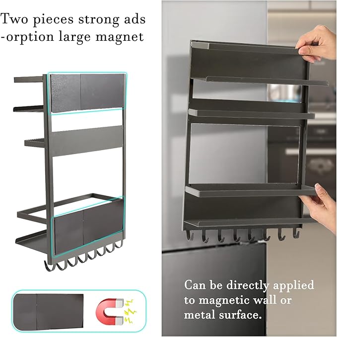 Magnetic Spice Rack for Refrigeratorwith 8-Hook, Magnetic Paper Towel Holder, with Strong Adhesion, Rust-Proof & Space-Saving Design for Kitchen, Bathroom(2 Tier Refrigerator Shelf)