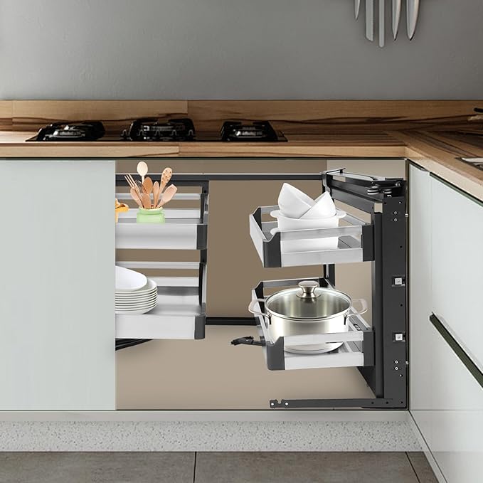 Steel 2-Tier Blind Corner Cabinet Pull-Out Organizer, 4 Detachable Baskets, Right Opening Swivel Shelf System, Damping Slide Rail for Base Kitchen Cabinet, Upgrade Dead Space