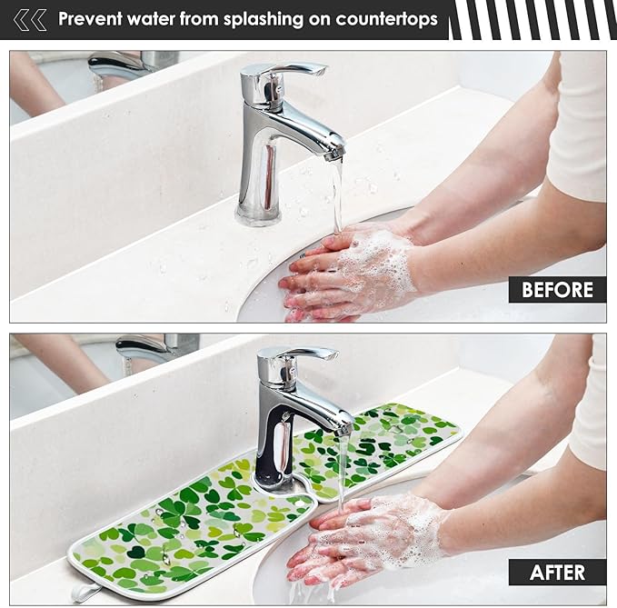 2 PCS Kitchen Sink Splash Guard 14.9 Inch Faucet Mat for Kitchen Sink Bathroom Sink Faucet Absorbing Drip Drain Mat Pad Microfiber Soft Washable Green St Patrick Clovers