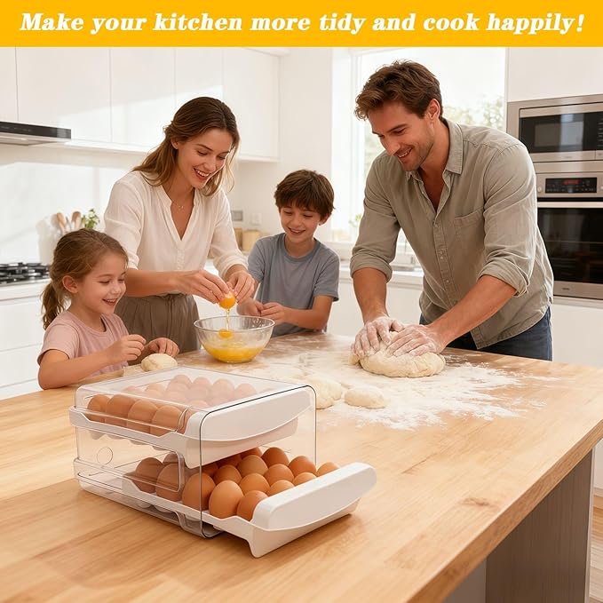 Egg Holder for Refrigerator 2 Tier Clear Stackable Egg Tray with Drawer Space Saving Eggs Storage Container with Handles for Countertop Kitchen Baking (40 Eggs)