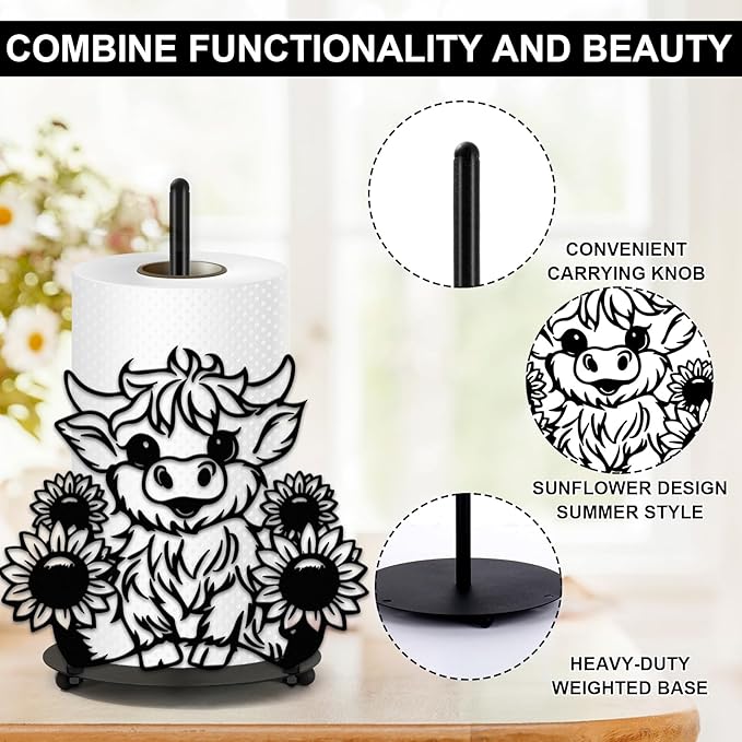 JarThenaAMCS Highland Cow Sunflower Paper Towel Holder Kitchen Decor Accessories Large Black Metal Towel Holder Stand for Farmhouse Home?Party Bathroom Countertop