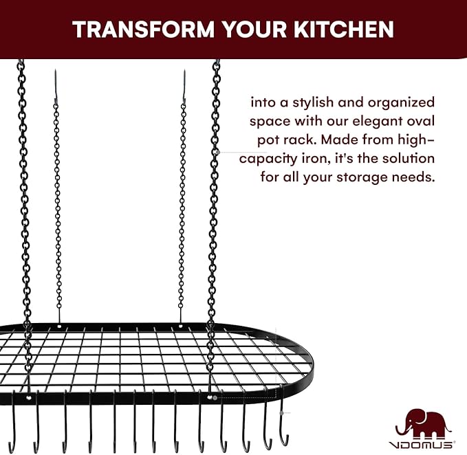 Vdomus Heavy-Duty Hanging Pot Rack - 33x17 Inches - Stylish Black Alloy Steel Ceiling Storage with 15 Hooks - Organize Kitchen Cookware and Utensils - Space-Saving Mounted Overhead Holder