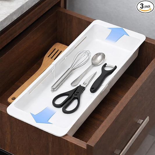 3-Pack Drawer Organizer for Deep Drawers with Smooth Sliding Design, Durable PP Expandable Modular Storage Tray for Makeup, Office Supplies, Kitchen Tools, Vertical Space-Saving Organizer