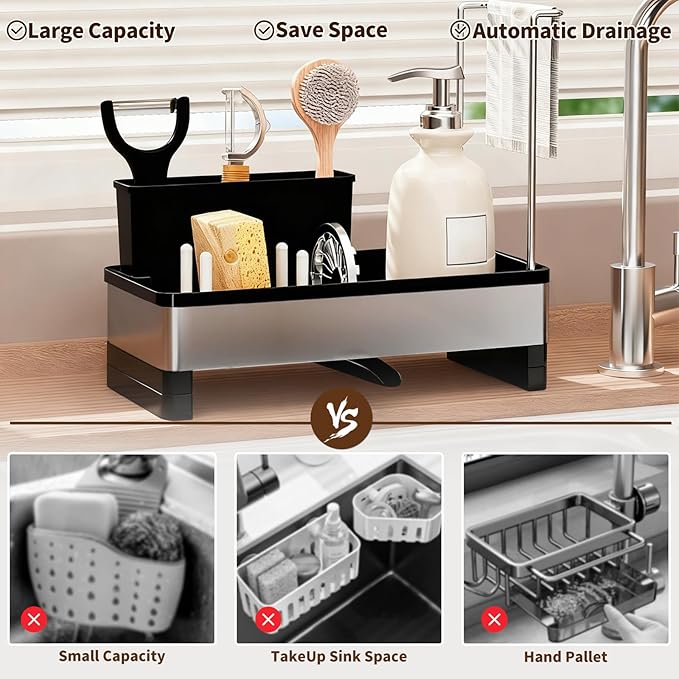 Sponge Holder for Kitchen Sink, Stainless Steel Sink Caddy with Brush Holder, Dishcloth Rack and Holds Soap Dispenser, Auto-Drain Rustproof Countertop Organizer (Black)
