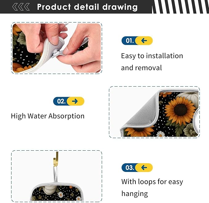 2 PCS Kitchen Sink Splash Guard 30 Inch Faucet Mat for Kitchen Sink Bathroom Sink Faucet Absorbing Drip Drain Mat Pad Microfiber Soft Washable Black Autumn Pumpkins Flowers Maples