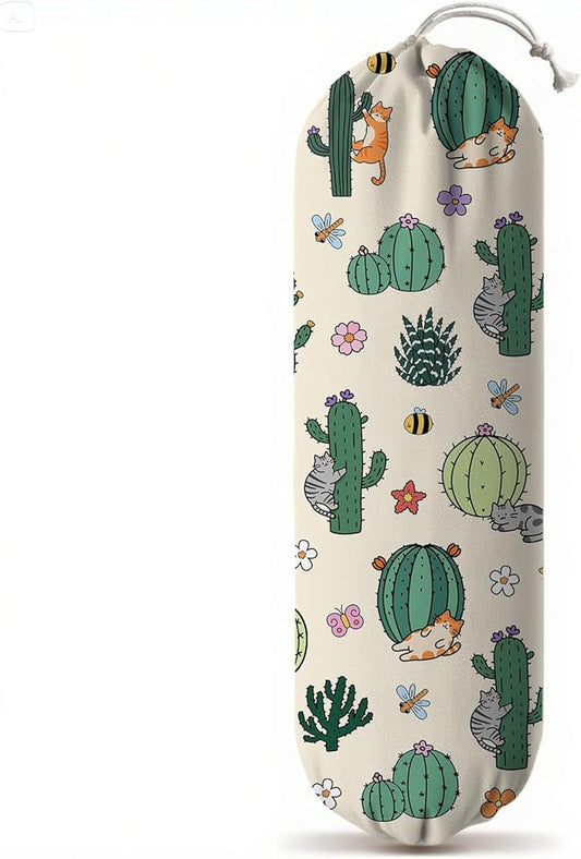 Plastic Bag Holder, Grocery Bag Organizer Storage, Kitchen Dispenser Holders Reusable Shopping with Adjustment Drawstring Closure for Kitchen Farmhouse Decor, Cactus