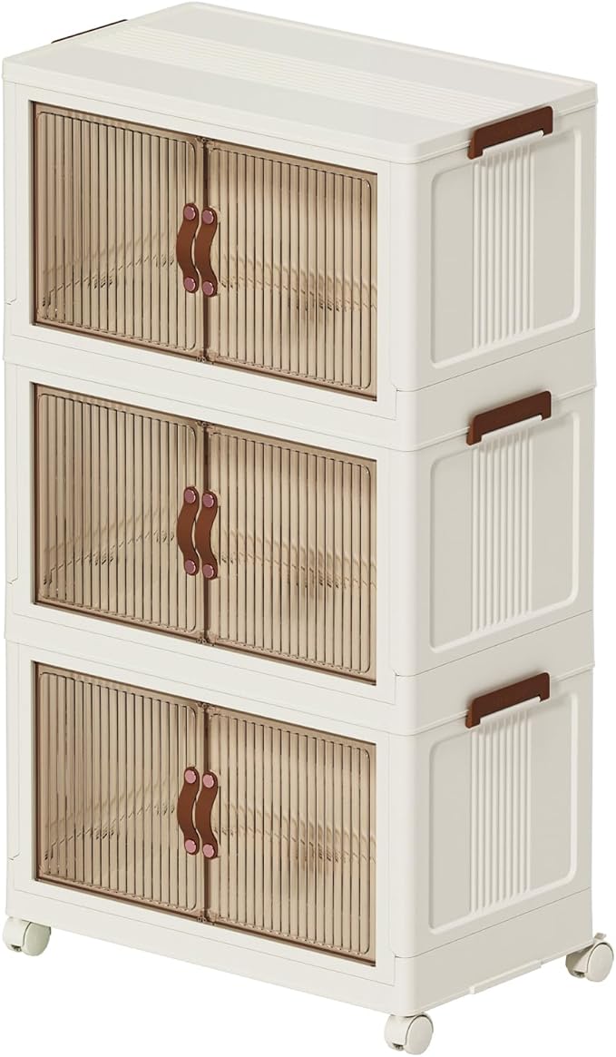 ONAIL 35 QT Large Plastic Storage Bins with Lids Open Front, Stackable Storage Containers with Wheels for Clothes, Home, Room, White, 3 Tiers