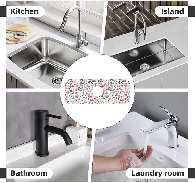 Vintage Watercolor Floral Flowers Abstract Leaves Kitchen Sink Splash Guard Faucet Mat Super Absorbent Fast Drying Mat Sink Gadgets-Fast Drying Pad Sink Mat For Kitchen Bathroom (15" X 5.5" )