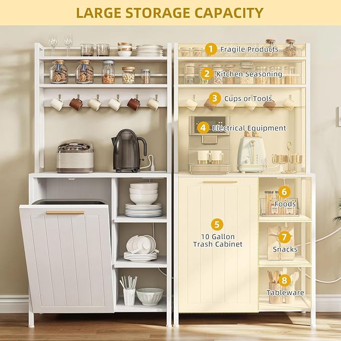 YITAHOME White 6-Tier Pantry Cabinet with Storage, Trash Can Bin & Power Outlets, Large Freestanding Microwave Table for Coffee Bar, Kitchen & Dining Room, Bakers Rack with Charging Station