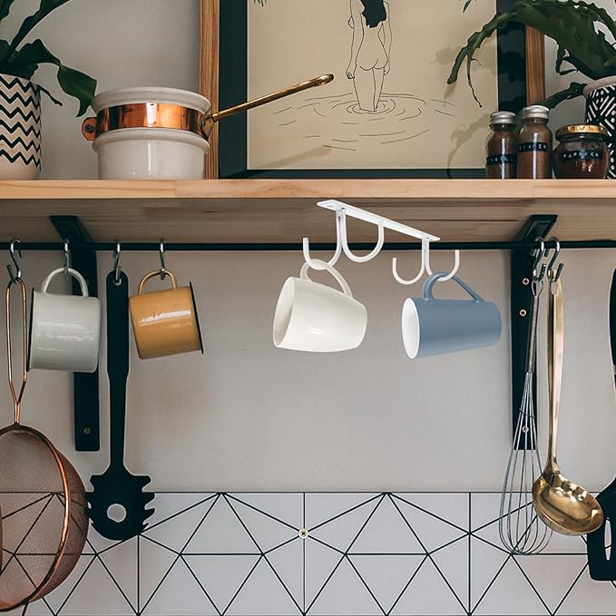 Cabinet Mug Hooks Rack, White Iron Kitchen Rack with 4 Hooks, Space-Saving Cupboard Holder and Utensil Organizer for Kitchen Storage