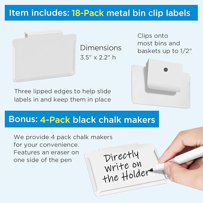 trohestar Metal Pantry Baskets Labels Clip On for Storage Bins | Edge Fold-Cream (Edge Fold-White, 18 Metal Label Clip)