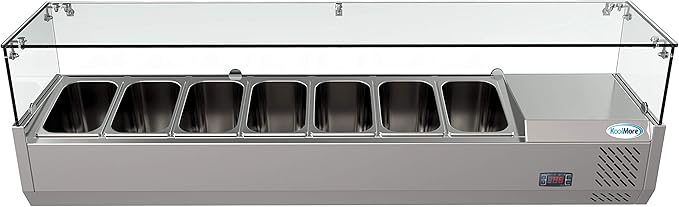 KoolMore Refrigerated Countertop Condiment Prep Station with Glass Sneeze Guard - Includes Seven 1/4 Pans, Silver, 59 Inch (SCDC-7T)