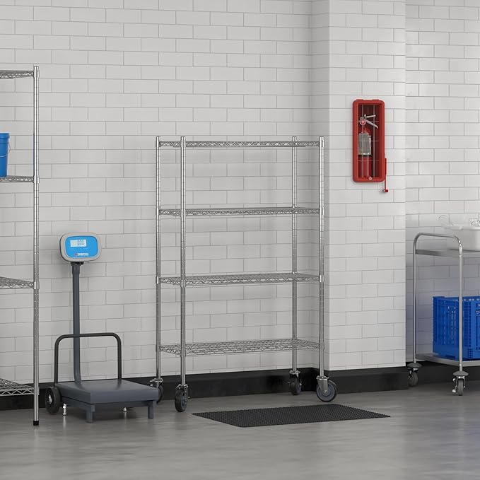Commercial NSF Listed Chrome Mobile Wire Shelving Kit 14" x 36" x 60", with 4 Shelves Perfect for Warehouse, Walk-in Refrigerator, Freezer, Grocery Store, Restaurant, Dishroom