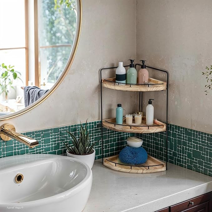 3-Tier Corner Bathroom Counter Organizer - Bathroom Counter Corner Shelf with Rustic Wood & Metal Frame, Space-Saving Vanity Tray for Toiletries, Cosmetics (16.5" x 7.6" x 7.6")