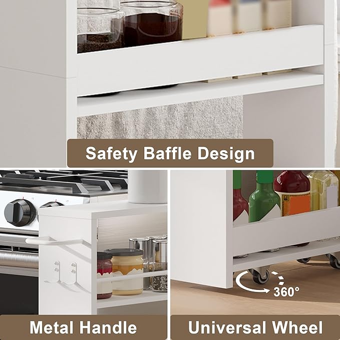 ChooChoo 4-Tier Bathroom Storage Cart, 5.5 inches Wide Narrow Storage Cabinet with 360° Wheels and 2 Hooks, Space-Saving Organizer for Kitchen, Narrow Places, Home Office, White