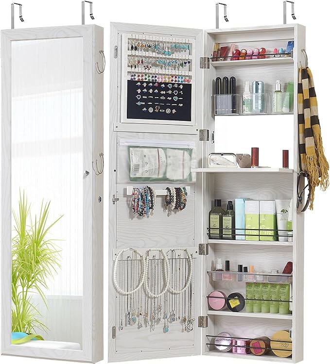 GISSAR Jewelry Mirror Armoire Wall Mount Over The Door Cabinet Storage Organizer Lockable Full Length Door Mirror(White)