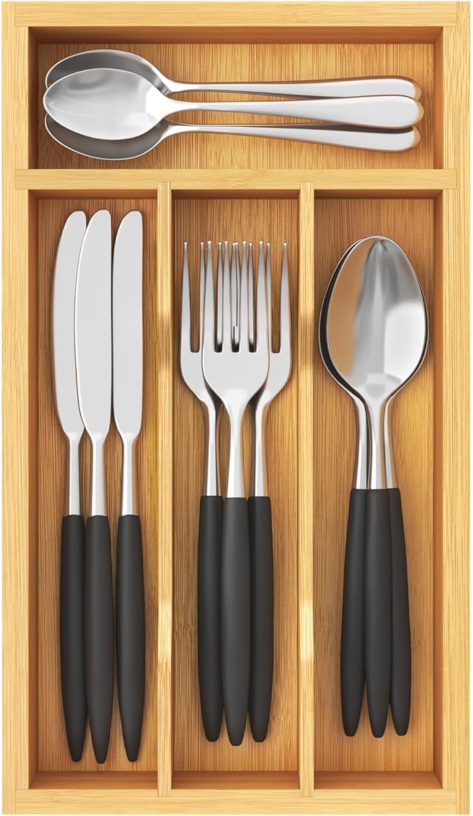 Lifewit Silverware Drawer Organizer, Expandable Utensil Tray for Kitchen, Bamboo Flatware and Cutlery Holder, Wood Adjustable Storage for Spoons Forks Knives, 6.9 x 12.8", Natural