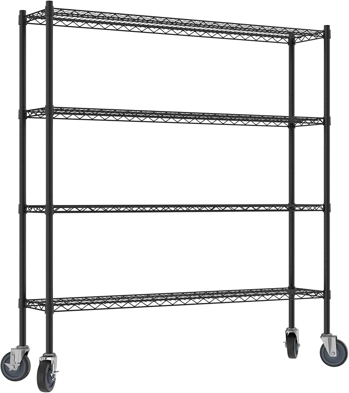 Commercial NSF Listed Black Epoxy Mobile Wire Shelving Kit 12" x 54" x 60", with 4 Shelves Perfect for Warehouse, Walk-in Refrigerator, Freezer, Grocery Store, Restaurant, Dishroom