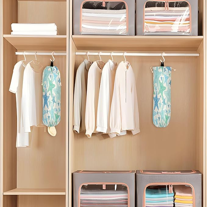 Pattern Of Starfish Plastic Bag Holder Kitchen Storage Accessories Grocery Bag Storage Durable Plastic Bag Organizer with Hanging Loop 2 Pack