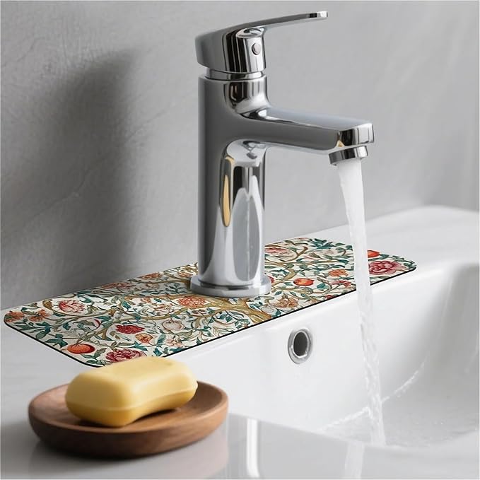 Kitchen Sink Splash Guard，Gorgeous flowers Faucet Mat Sink Gadgets-Super Absorbent Fast Drying Mat Drip Catcher for Kitchen, Bathroom,Sink Mat, Dish Drying Mat, Bathroom(15" X 5.5" )