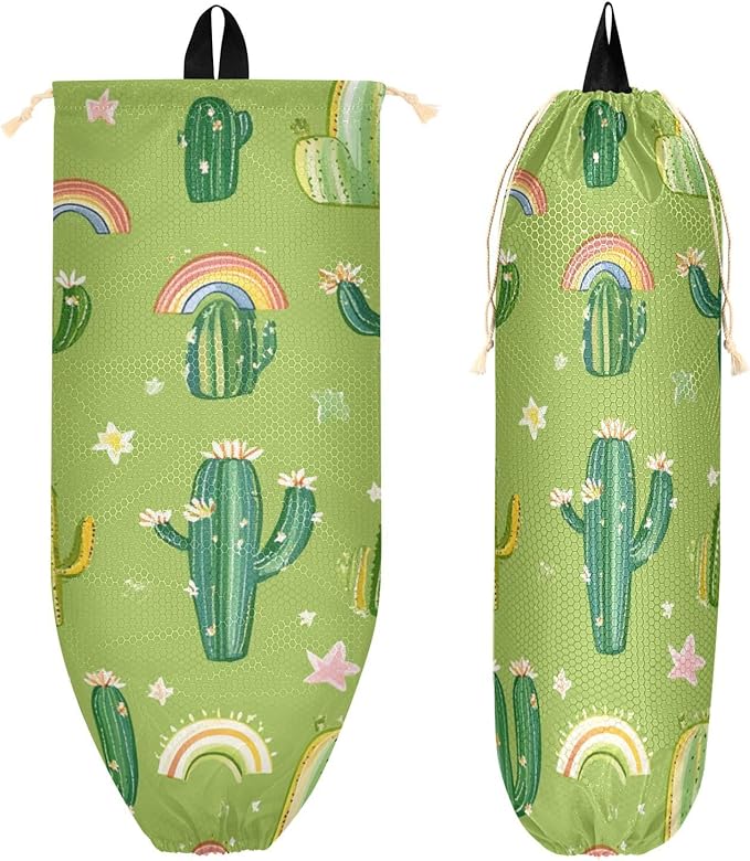 Plastic Bag Holder Wall Mount Grocery Bag Shopping Bag Storage Holder Organizer Dispenser with Adhesive Hook,for Kitchen Bathroom Home Decor 9x22 Inches Cacti and Rainbows Floral Green07