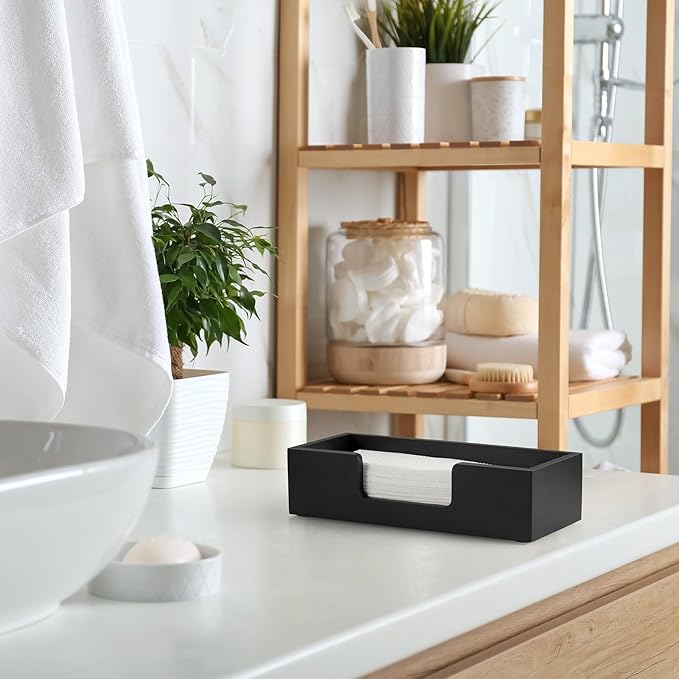 Paper Towel Dispenser Countertop, Wood Bathroom Paper Towel Holder, Black Napkin Holder for Kitchen, Countertop Multifold C-Fold, Z-Fold, Trifold Paper Hand Towel Dispenser for Toilet, Black