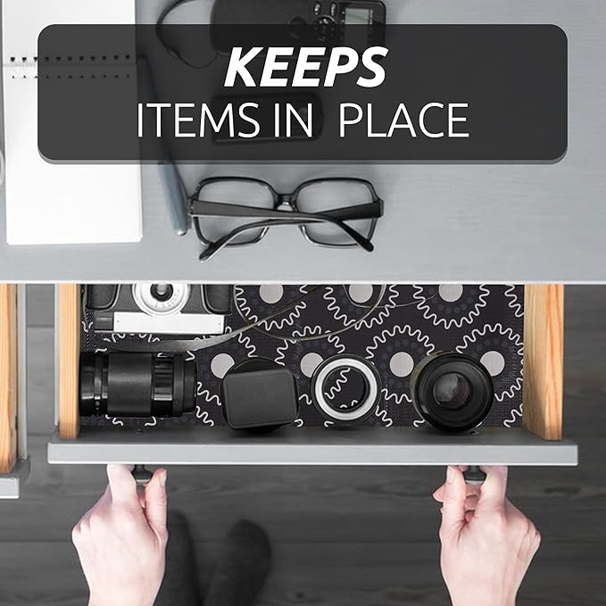 18X96 Inch Shelf Liner for Kitchen Cabinets, PVC Drawer Liner for Dresser Non-Slip Bathroom, Non-Adhesive Cabinet Liner Washable (Black Circle)(1 Roll)