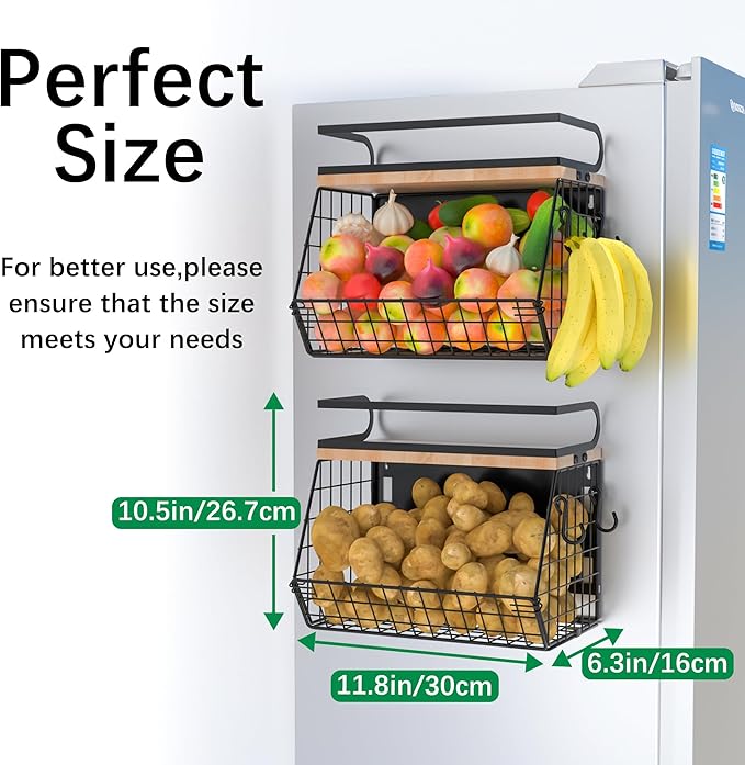 Uninol Magnetic Spice Rack for Refrigerator, Fruit, Potato & Onion Storage Bin,Large Capacity Magnetic Shelves for Side of Refrigerator, Kitchen Organizers and Storage Countertop,2 Pack Black