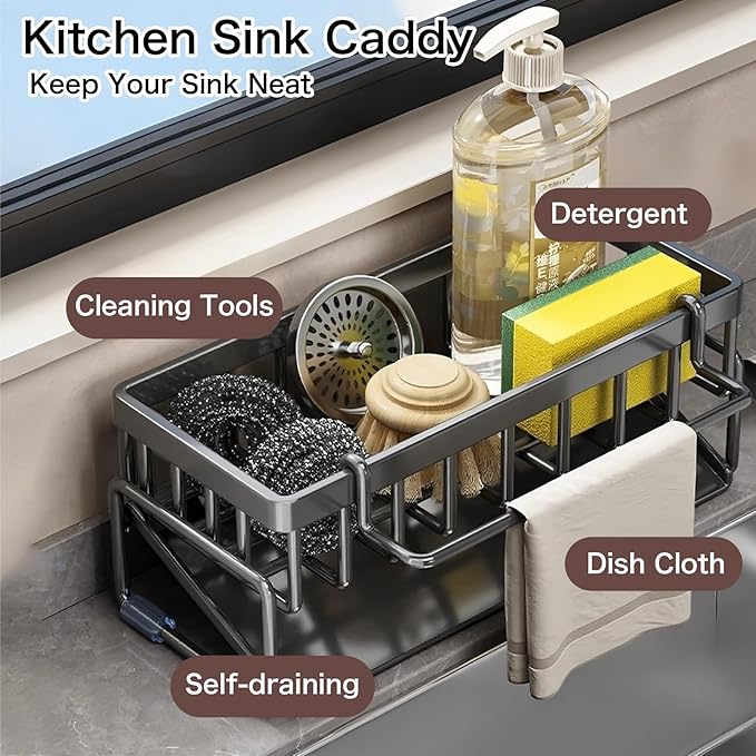 BREIS Sponge Holder for Kitchen Sink, Caddy Organizer with Rag Holder, Countertop Self-Draining Sponge Caddy, Rustproof Sink Storage Rack for Soap Dispenser Storage Accessories (Black)