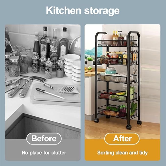 Fruit Basket for Kitchen, Fruit Vegetable Storage Basket, Standing Baskets for Kitchens Floor, 5-Tier Stackable Fruit Vegetable Storage Basket Stand on Wheel for Kitchen, Pantry Black 4