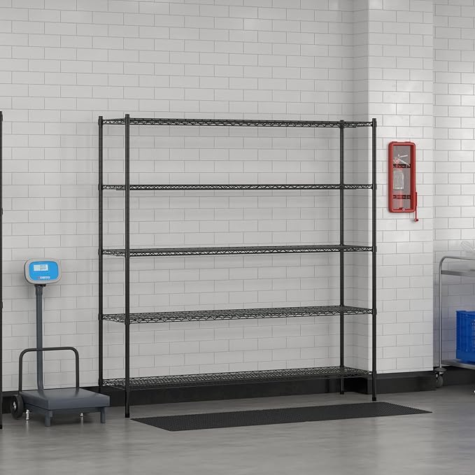 Commercial NSF Listed Black Epoxy Stationary Wire Shelving Kit 18" x 72" x 74", with 5 Shelves Perfect for Warehouse, Walk-in Refrigerator, Freezer, Grocery Store, Restaurant, Dishroom