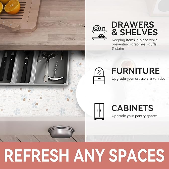 RAY STAR Shelf Liner, Non Adhesive White Floral Cabinet Liner for Pantry Drawer, Strong Grip Non Slip Waterproof, Shelf Liners for Kitchen Cabinets Organization 12 Inch x 10 FT (2 Rolls)
