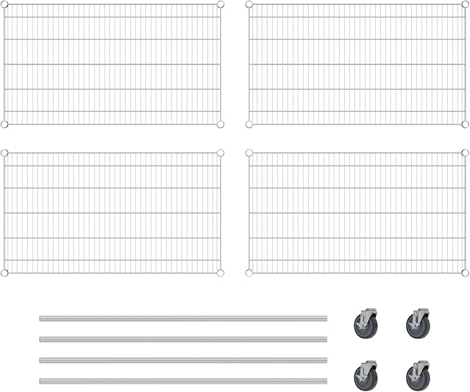 Commercial NSF Listed Chrome Mobile Wire Shelving Kit 24" x 42" x 60", with 4 Shelves Perfect for Warehouse, Walk-in Refrigerator, Freezer, Grocery Store, Restaurant, Dishroom