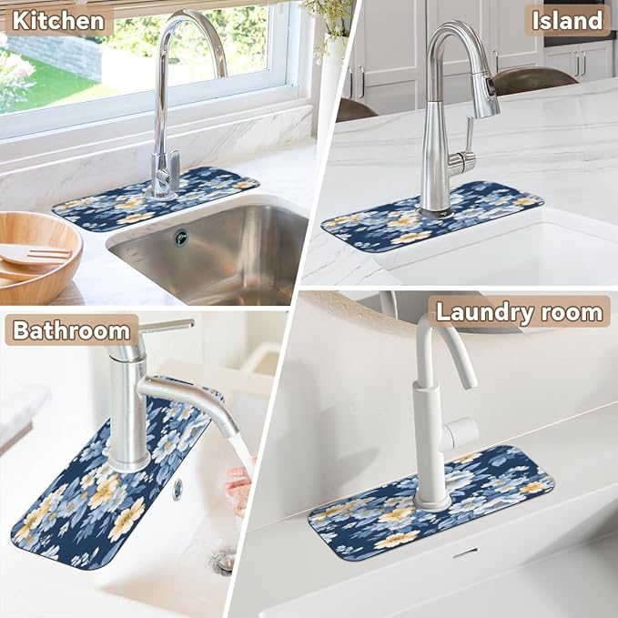 Deep Blue Floral Kitchen Faucet Mat Splash Guard, 15.4”x5.7” Absorbent Quick Drying Sink Mat for Countertop Protection, Draining Mat Sink Protectors For Kitchen Bathroom, 2 Pack