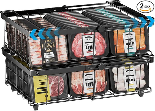 DOUBFIVSY Freezer Organizer Bins, 2 Pack Expandable Stackable Chest Deep Freezer Organizer Bins, Foldable Freezer Baskets with Handles, Freezer Storage Bins for 5 - 20 Cu.Ft Deep Freezer, Black