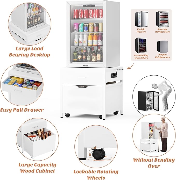 Unikito Mini Fridge Stand with Drawer Storage and Sockets, Heavy Duty Small Refrigerator Stand Cart for Dorm, Apartment, Office, Bedroom, Mini Fridge and Microwave Stand, Hold 300LBS, White