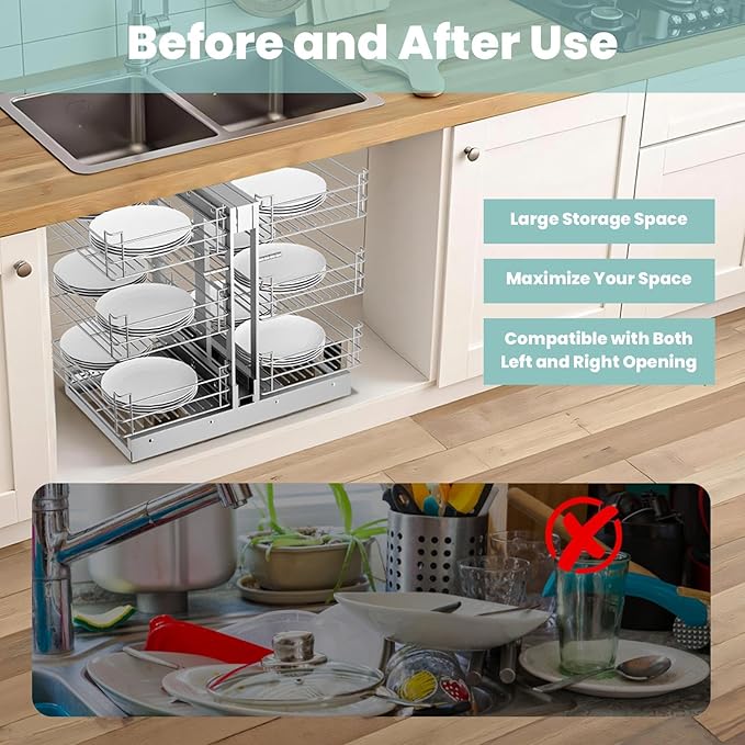 Blind Corner Cabinet Pull Out w 25.2" d 17.9" h23.6, Min Opening 13" Cabinet Pull Out Shelves, 3 Tier 6 Shelf Magic Corner Corners Cabinets Kitchen Use
