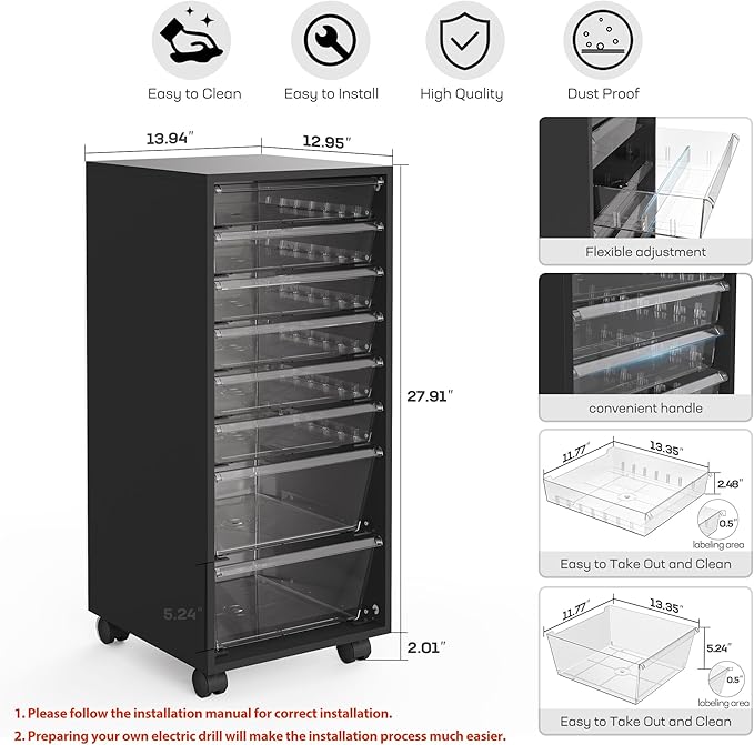 WOPITUES Storage Drawer Cart, Mobile Storage Cabinet, Makeup Storage with 8 Clear Drawers, Utility Wooden Rolling Cart on Wheels, for Cosmetic, Art Craft, Office Supplies, Toy, Black