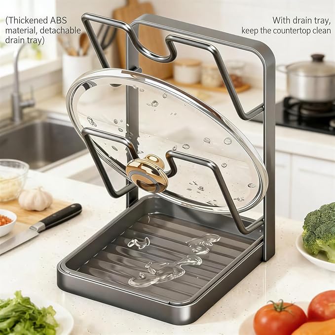 Kitchen Pot Lid Storage Rack & Spoon Rest – Heavy-duty Pot Lid Holder While Cooking with Removable Drip Tray,Multifunctional Countertop Storage Stand for Pots And Pans,Space-Saving Lid Rack-2PCS