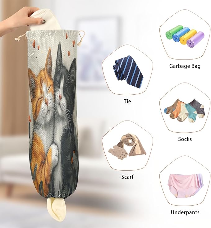 Cats in Love Plastic Bag Holder Kitchen Storage Accessories Grocery Bag Storage Durable Plastic Bag Organizer with Hanging Loop 2 Pack