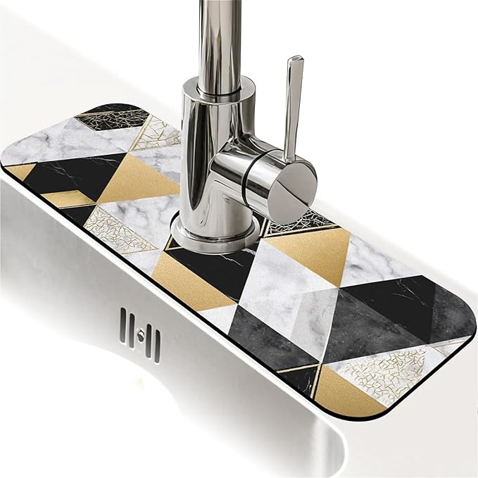 Kitchen Sink Splash Guard，marble geometric triangles Faucet Mat Sink Gadgets-Super Absorbent Fast Drying Mat Drip Catcher for Kitchen, Bathroom,Sink Mat, Dish Drying Mat, Bathroom(15" X 5.5" )