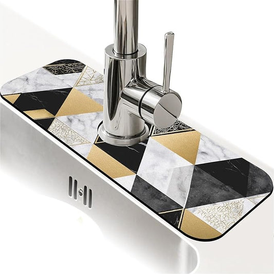 Kitchen Sink Splash Guard，marble geometric triangles Faucet Mat Sink Gadgets-Super Absorbent Fast Drying Mat Drip Catcher for Kitchen, Bathroom,Sink Mat, Dish Drying Mat, Bathroom(15" X 5.5" )