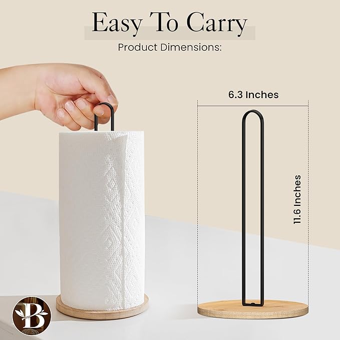 Wooden Paper Towel Holder Countertop – Bambüsi Freestanding Kitchen Paper Towel Stand with Non-Slip Base, Easy Install Durable Modern Farmhouse Decor, Fits Standard & Large Rolls for Kitchen, Bathroom