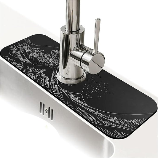 Kitchen Sink Splash Guard，Black and white line waves Faucet Mat Sink Gadgets-Super Absorbent Fast Drying Mat Drip Catcher for Kitchen, Bathroom,Sink Mat, Dish Drying Mat, Bathroom(15" X 5.5" )