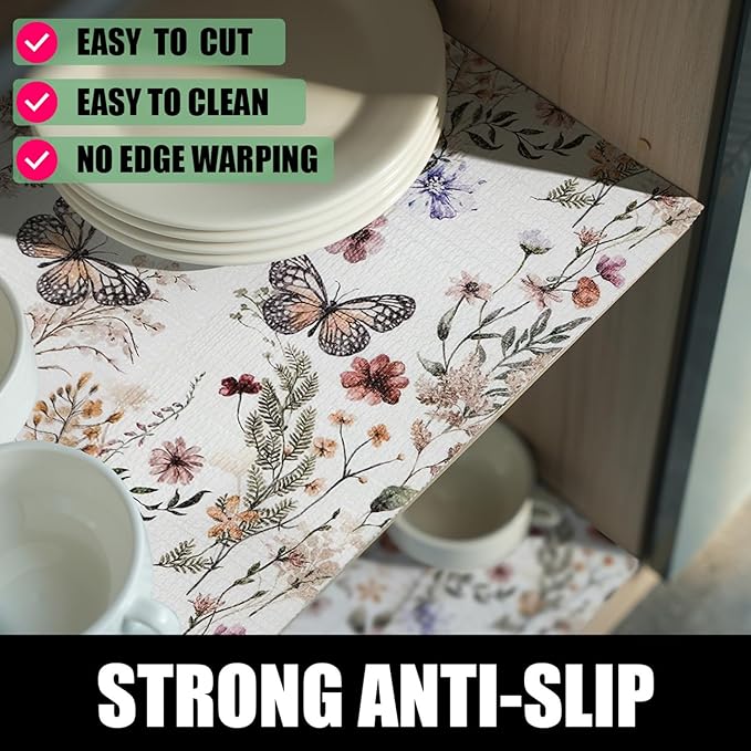 Amiitay Floral Shelf Liners Non Adhesive 16IN x 20FT and Strong Non-Slip Shelf and Drawer Liners for Kitchen Cabinet Wire Fridge, Waterproof Shelf Drawer Liner,Easy to Clean,Butterfly