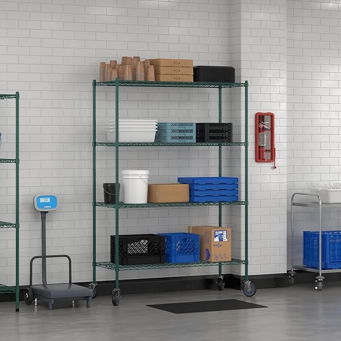 Commercial NSF Listed Green Epoxy Mobile Wire Shelving Kit 21" x 54" x 80", with 4 Shelves Perfect for Warehouse, Walk-in Refrigerator, Freezer, Grocery Store, Restaurant, Dishroom