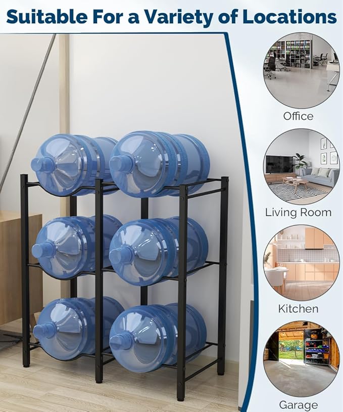 Mocomax 5 Gallon Water Jug Rack - Detachable Holder for 6 Bottles, 3 Tier Heavy Duty Cooler Rack - Organizer for Kitchen, Office, Living Room - Black