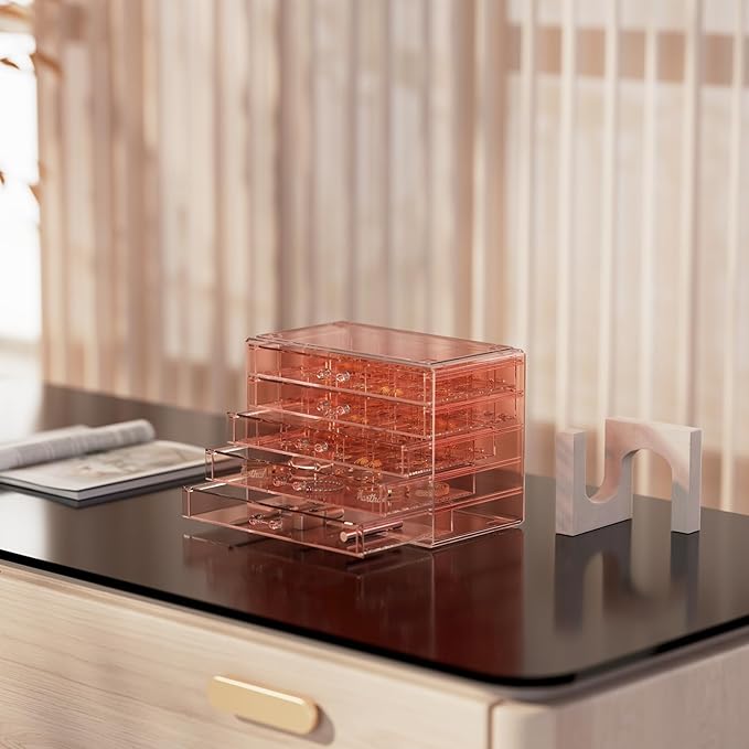 ProCase Acrylic Earrings Holder Organizer Box, Large Clear Earring Jewelry Storage Transparent Stackable Drawers Jewelry Display for Earring Ring Bracelet -Pink, 5 Layers