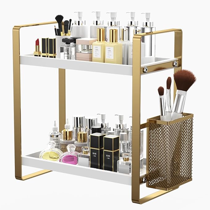Bathroom Counter Organizer, Wood Vanity Trays with Basket, Skincare Countertop Organizers, Large Capacity Makeup and Perfume Organizer